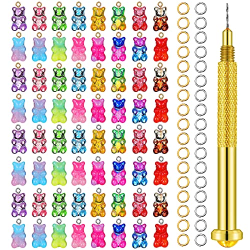 265 Pieces Dangle Nail Piercing Charms Set Cute Bear Charm Pendants 3D Gummy Gradient Resin Pendants Nail Jewelry Rings with Nail Art Piercing Tool Hand Drill for Acrylic Nails Jewelry Making