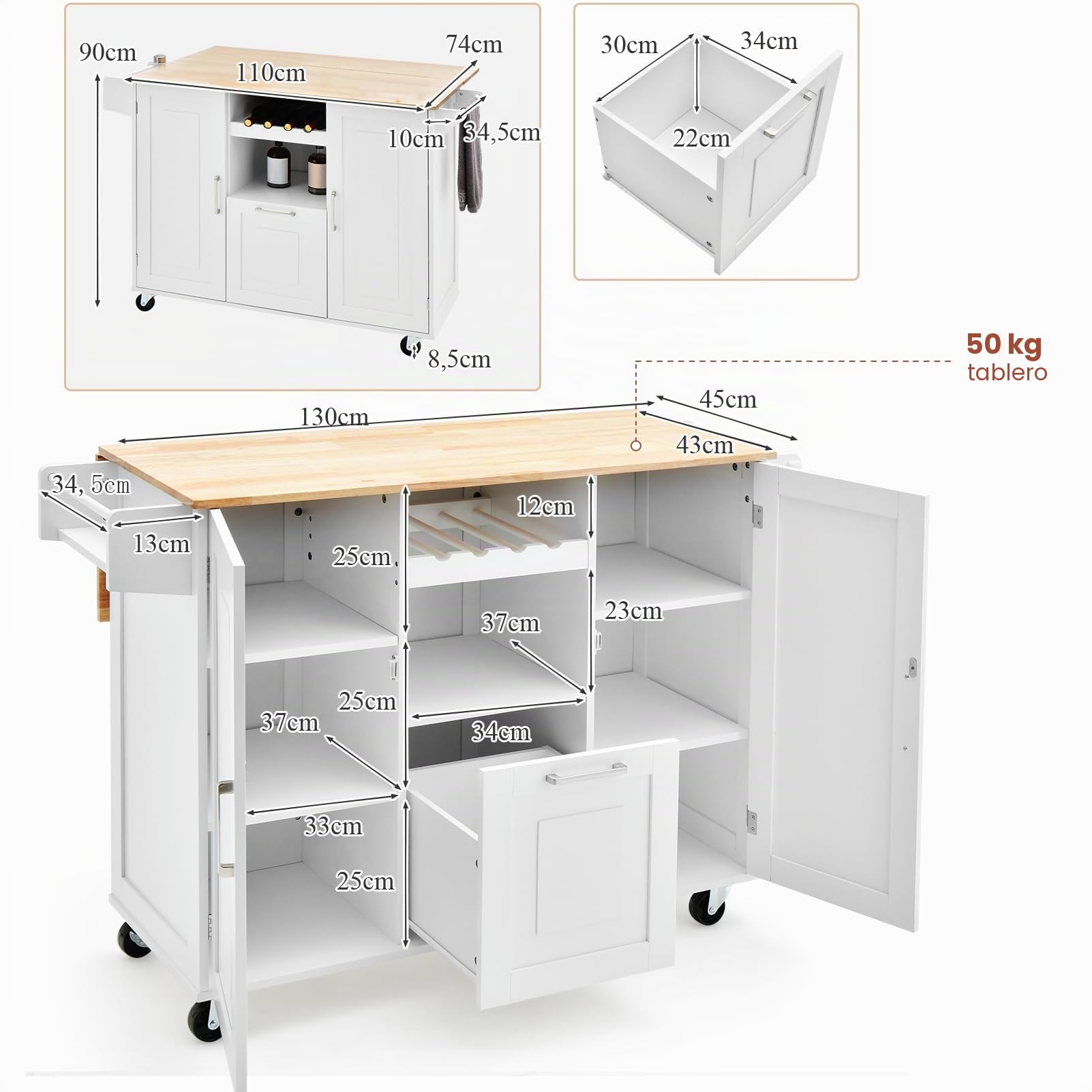 KOMFOTTEU Carro de Cocina con Ruedas, Isla de Cocina con Encimera de Madera Abatible, Carrito Auxiliar con Cajón, Portabotellas, 2 Armario de Puerta y Toallero, 130 x 45 x 90 cm (Blanco)