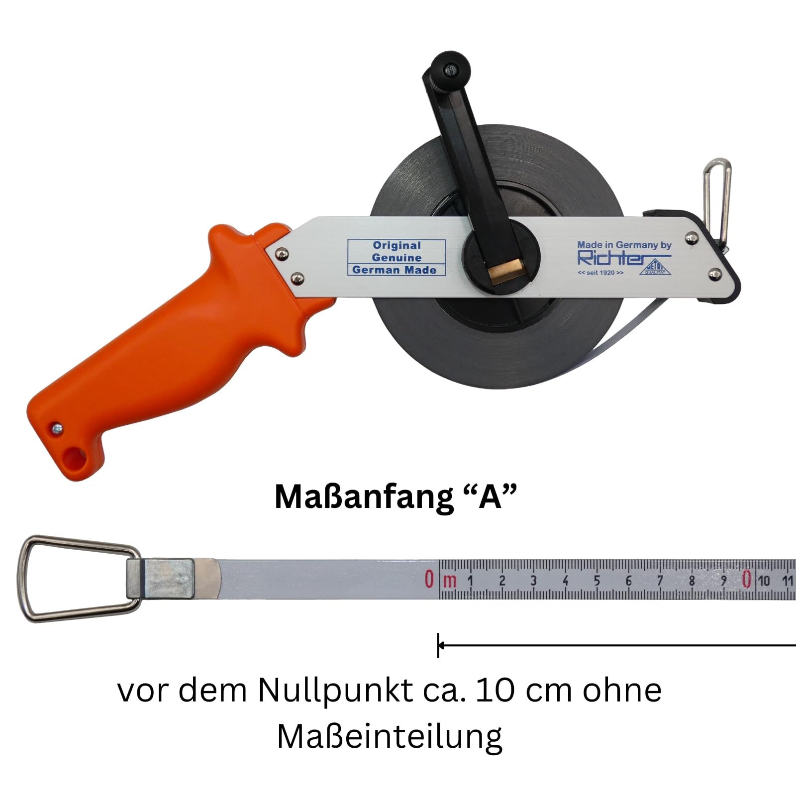 Richter Stahlbandmaß 20m mit mm-Teilung - Maßanfang "A" - Bandmaß 13mm breit mit Leichtmetallrahmen - weiß lackiert mit Duplex-Teilung - im Set inkl. 1 St. DEWEPRO Zollstock 2m