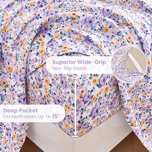 Image of Mooreeke Floral Full Bed Sheets, Soft Microfiber Printed Bedding Sheets & Pillowcases, Deep Pocket Non-Slip Vintage Full Sheet, Purple Yellow Flower Pattern Bedsheets