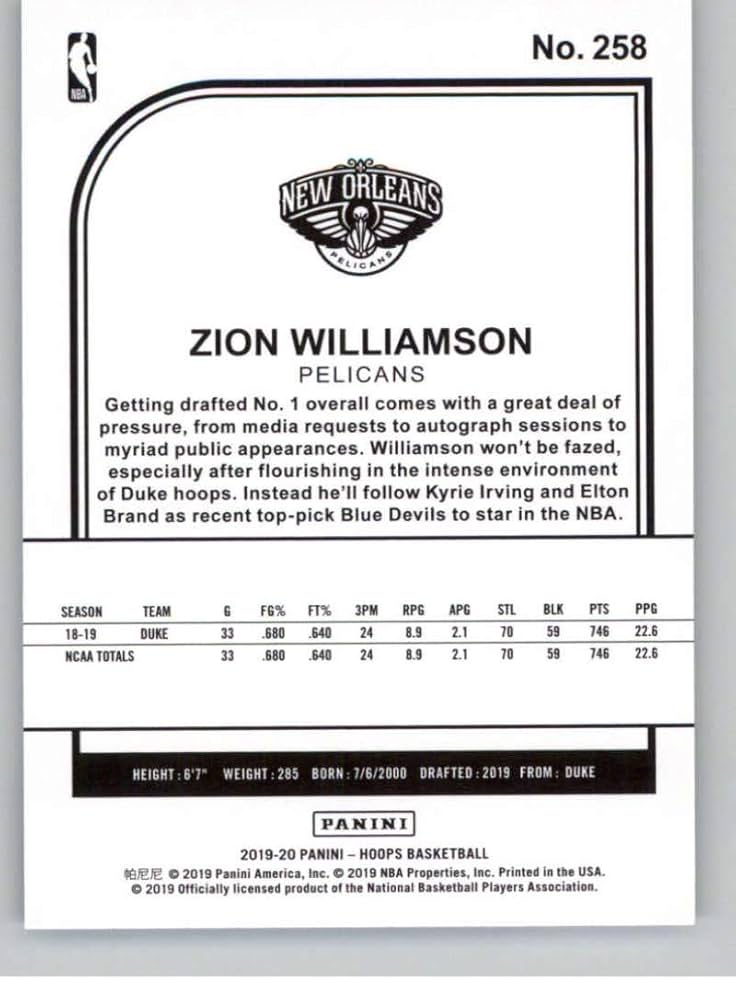 NBA ZION ☆RC☆ ルーキーカード③ ZION WILLIAMSON - 2019-20 Panini NBA Hoops RC Rookie #258 - New