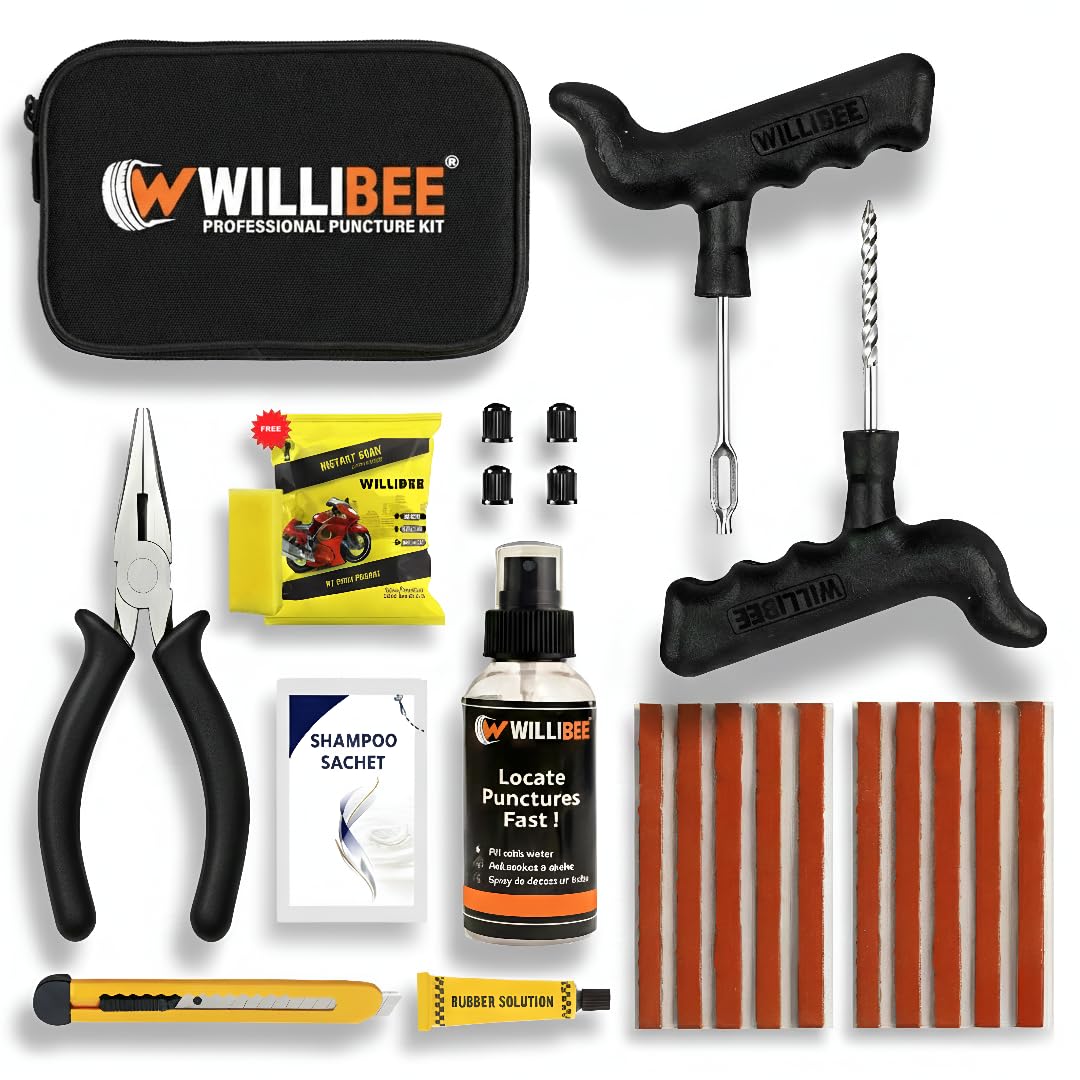 WILLIBEE 8-in-1 Tubeless Tyre Puncture Repair Kit for Car, Bike, Scooter & SUV - Universal Emergency Tyre Fix Tool Set, Flat Tire Puncher Repair Kit (with Storage Bag).