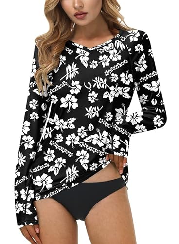 Womens Upf 50+ Swimming Top Hole Uv Protection Rash Guard Shirt Long Sleeve V Neck Athletic Rashguard White Floral Xl #TOP2