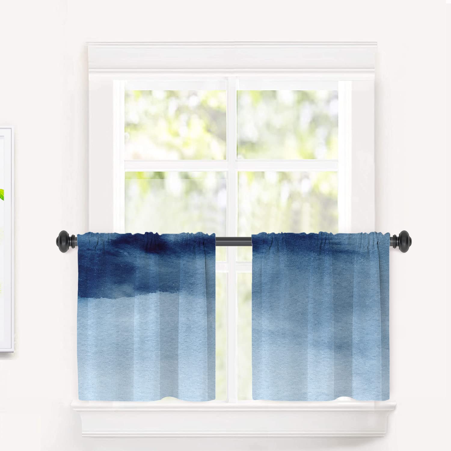BaoNews Blue Grey Watercolor Ombre Blue Kitchen Tier Curtains for Windows, Blackout Valances Multilayer Polyester Window Treatments for Kitchen 2 Pack 26X24 Inches