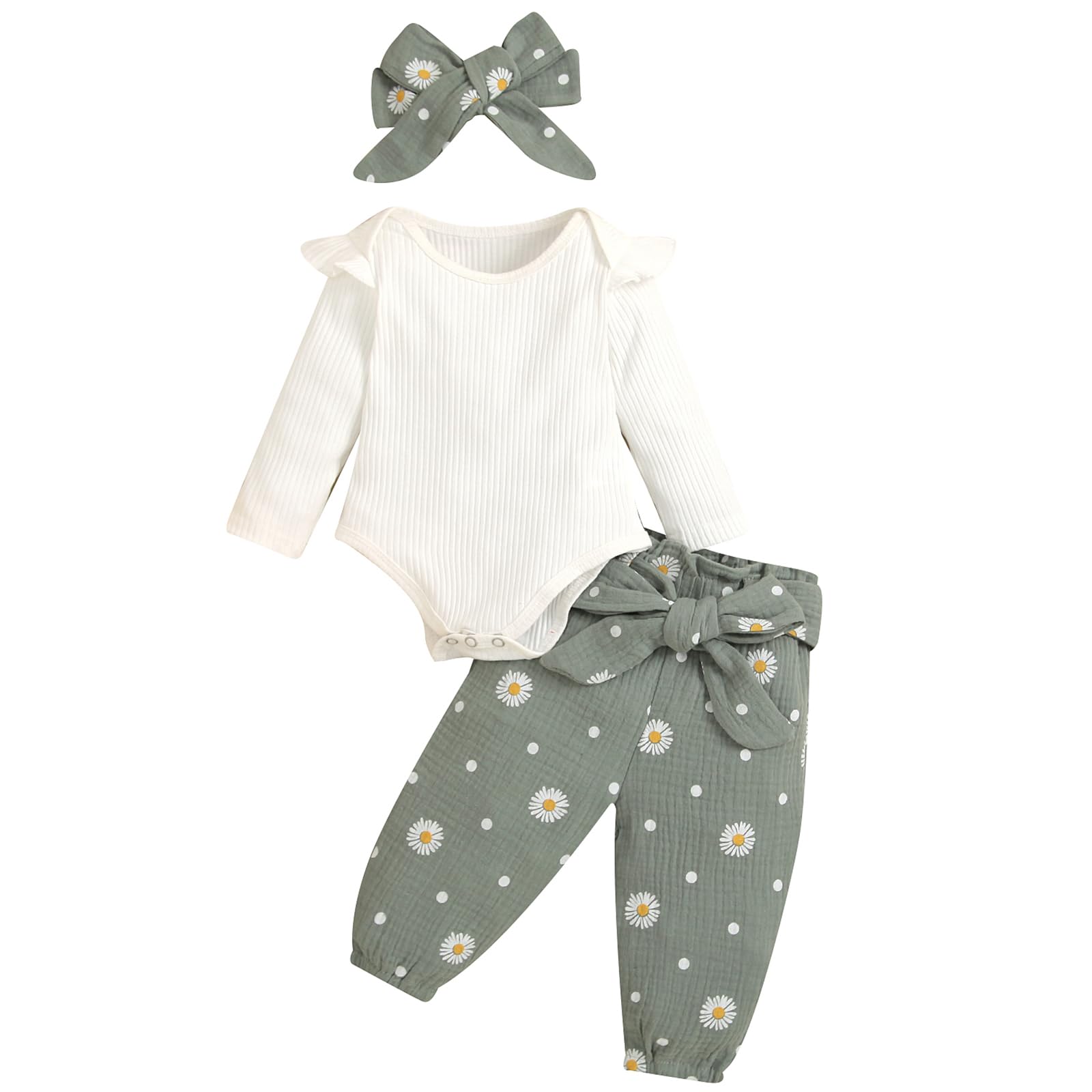 Mubineo Baby Girl Clothes Outfits Cute Flower Romper Daisy Pant Fall Winter Newborn Outfit Sets (Green, 6-9 Months)