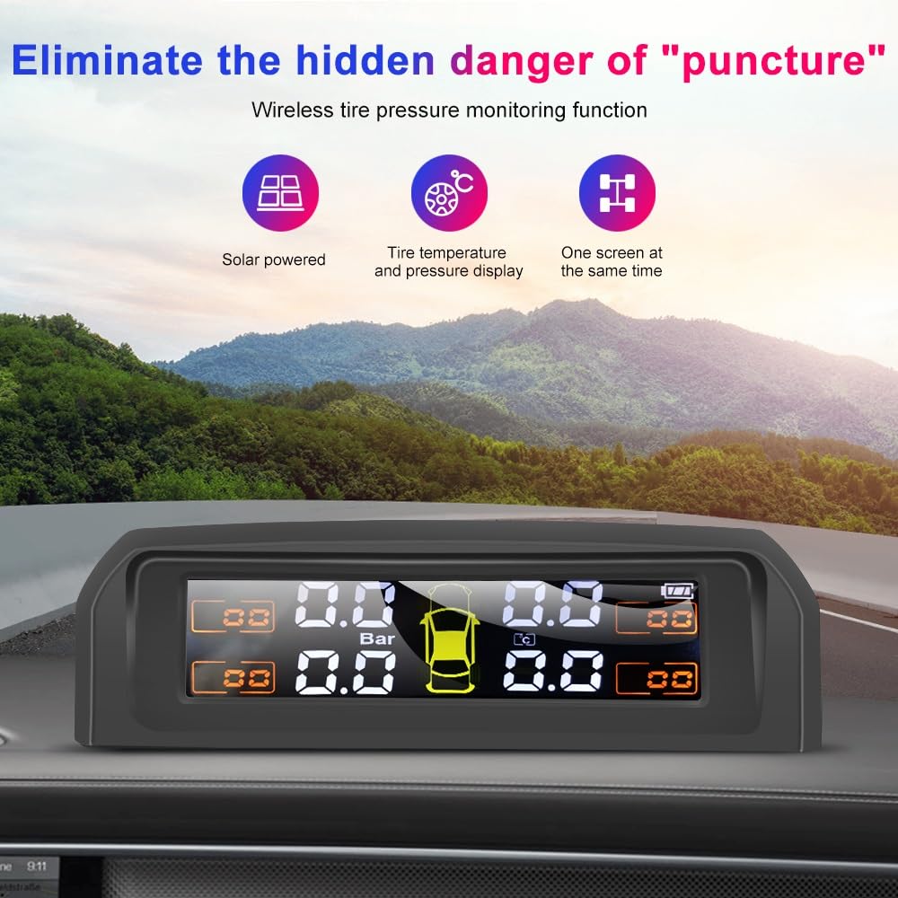 Tpms Sistema di monitoraggio della pressione dei pneumatici for auto a energia solare, allarme di sicurezza automatico, sensori di pressione dei pneumatici, sensore interno esterno a 4 ruote Pressione