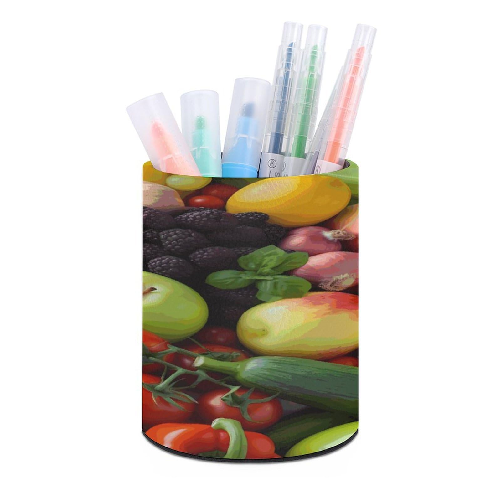 FekiLoot Fresh Fruits And Vegetables Pen Holder Cup Fashion PU Leather Pencil Cup Minimalist Pen Organizer Round Pencil Holder Stand Work Locker Accessories for Decoration Desk Office Home