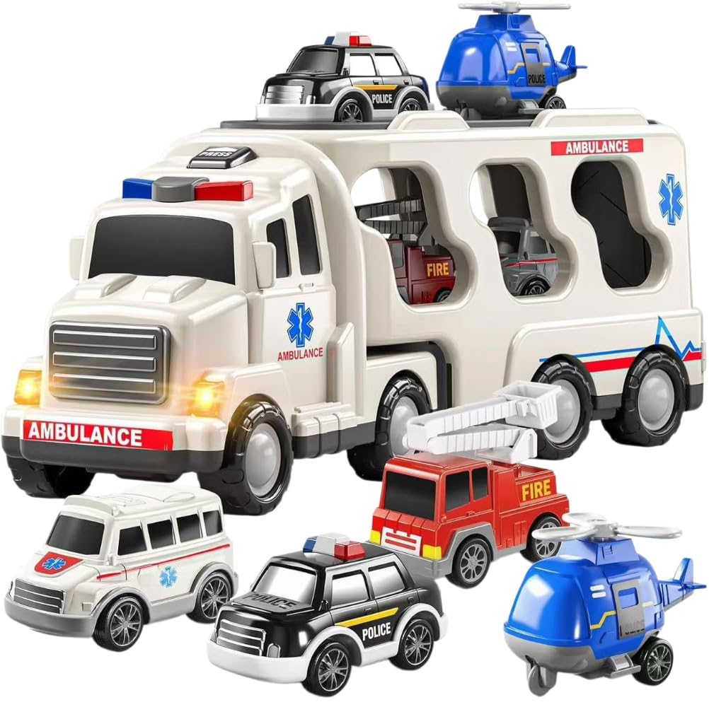 Diexgiy Kids Transport Truck Toy Set 1 Truck 6 Mini Cars Light Sound