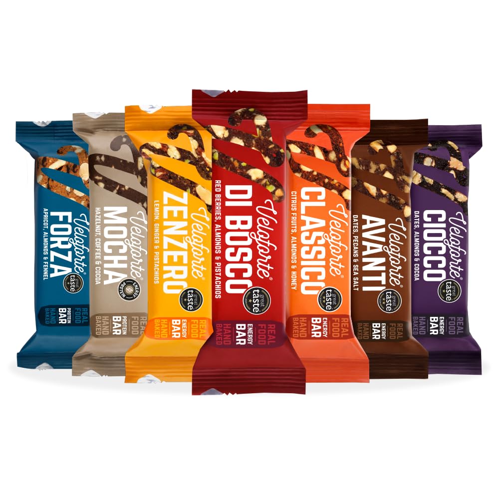 Veloforte Energy & Protein Bars - Cycling, Running, Endurance Nutrition. Natural Ingredients, Great Taste Award Gold, Dairy-Free, Gluten-Free, Healthy Fibre, Vegan & Vegetarian (7 Bars Variety Pack)