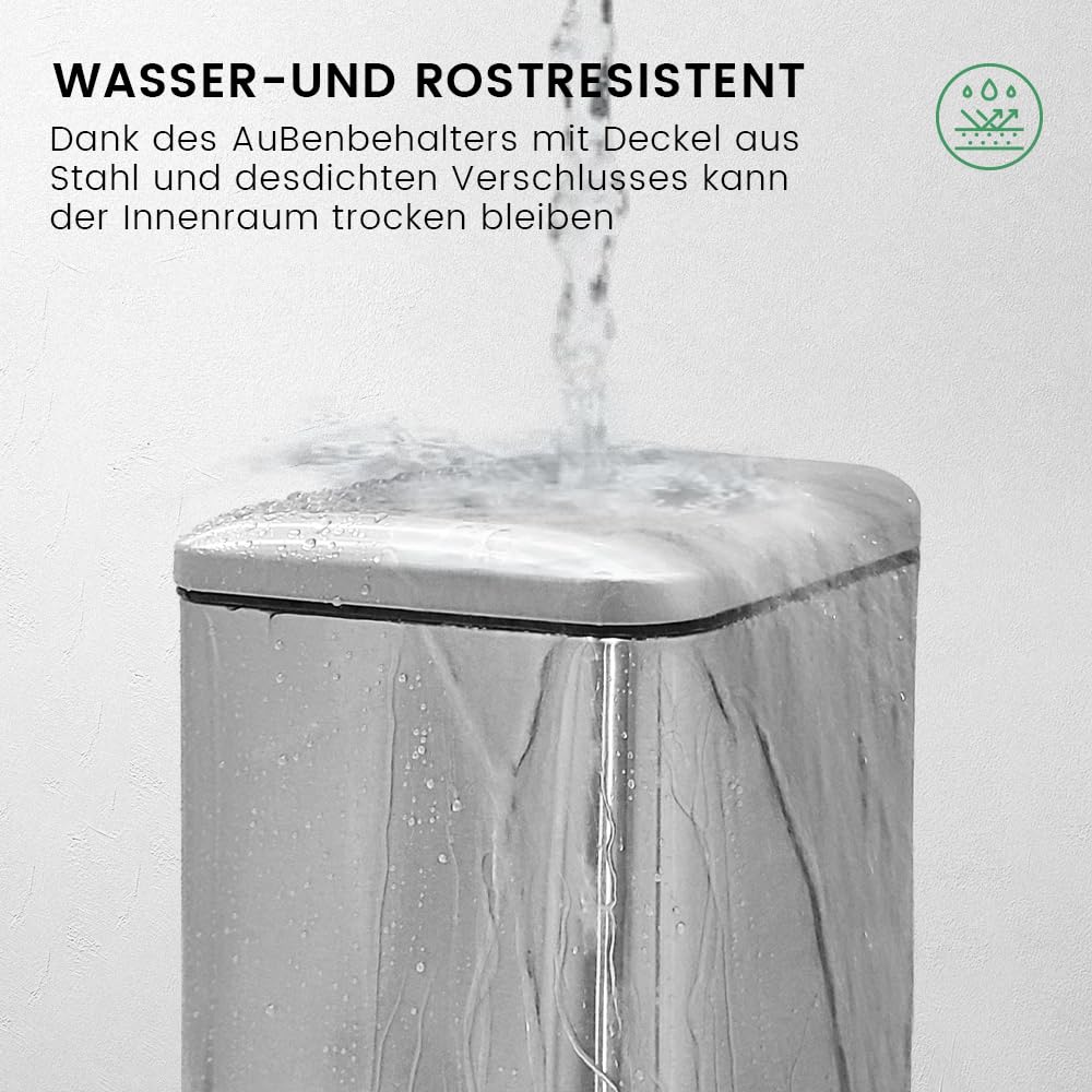 Mülleimer 30L, Abfalleimer mit Fußpedal, Inneneimer, Decke, Weiß | Mülleimer Küche, Quadrat, Stahl, Mülleimer Groß, Edelstah, Mit Metall-Pedal, Softclose Deckel, Für Küche, Büro, Wohnzimmer