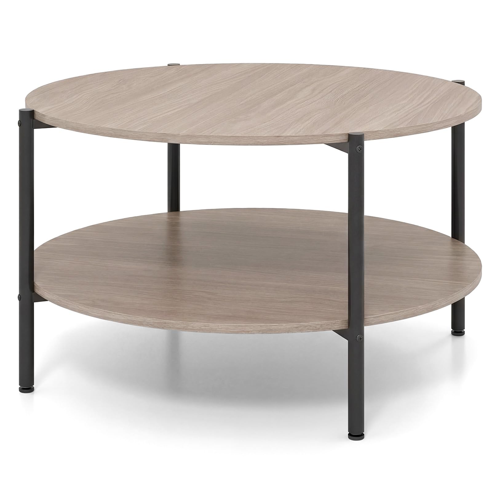 CASART 2-Tier Round Coffee Table, 85cm Industrial Accent Center Table with Storage Shelf, Wooden Circle Sofa Side Cocktail Tea Table for Living Room Bedroom Office (Grey Oak)