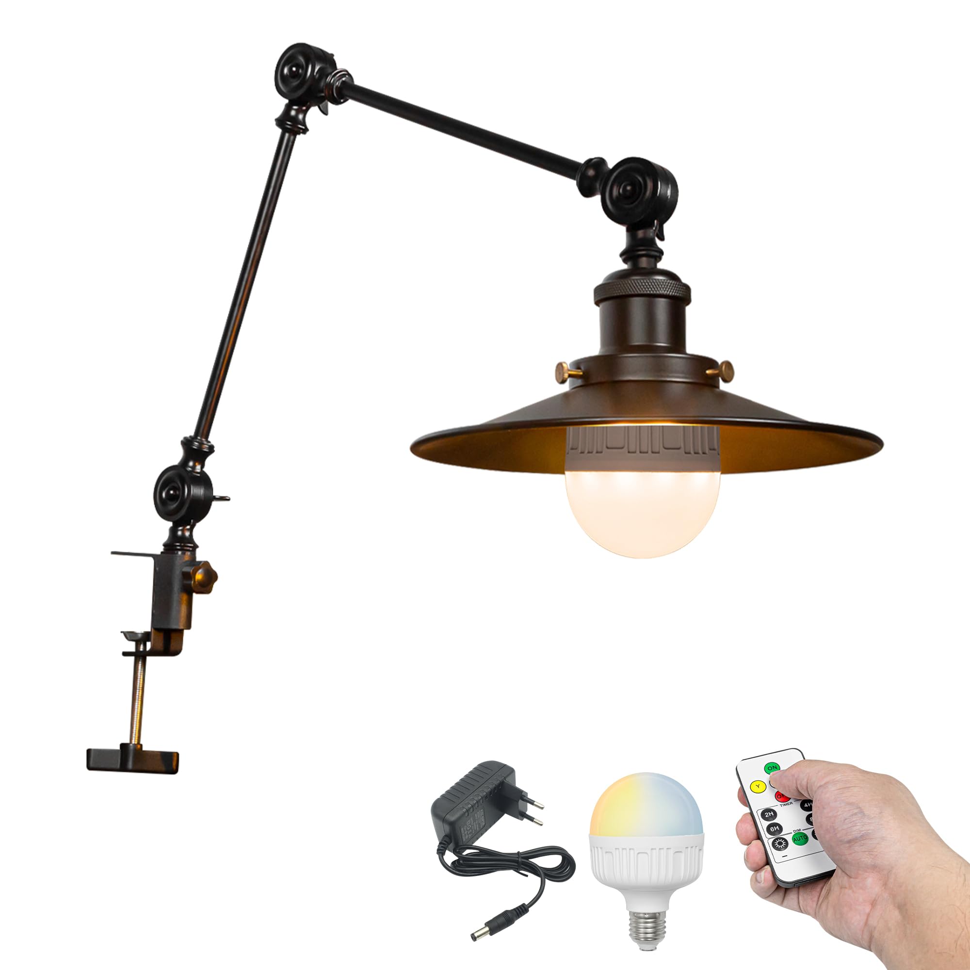 Wiederaufladbar Klemmleuchte mit Fernbedienung, Einstellbar Clip auf Schreibtisch Leselampe,Dimmbar Clamp Nachttischlampe mit Flexarm für Schreibtisch Nachttisch Regal- TB2773B