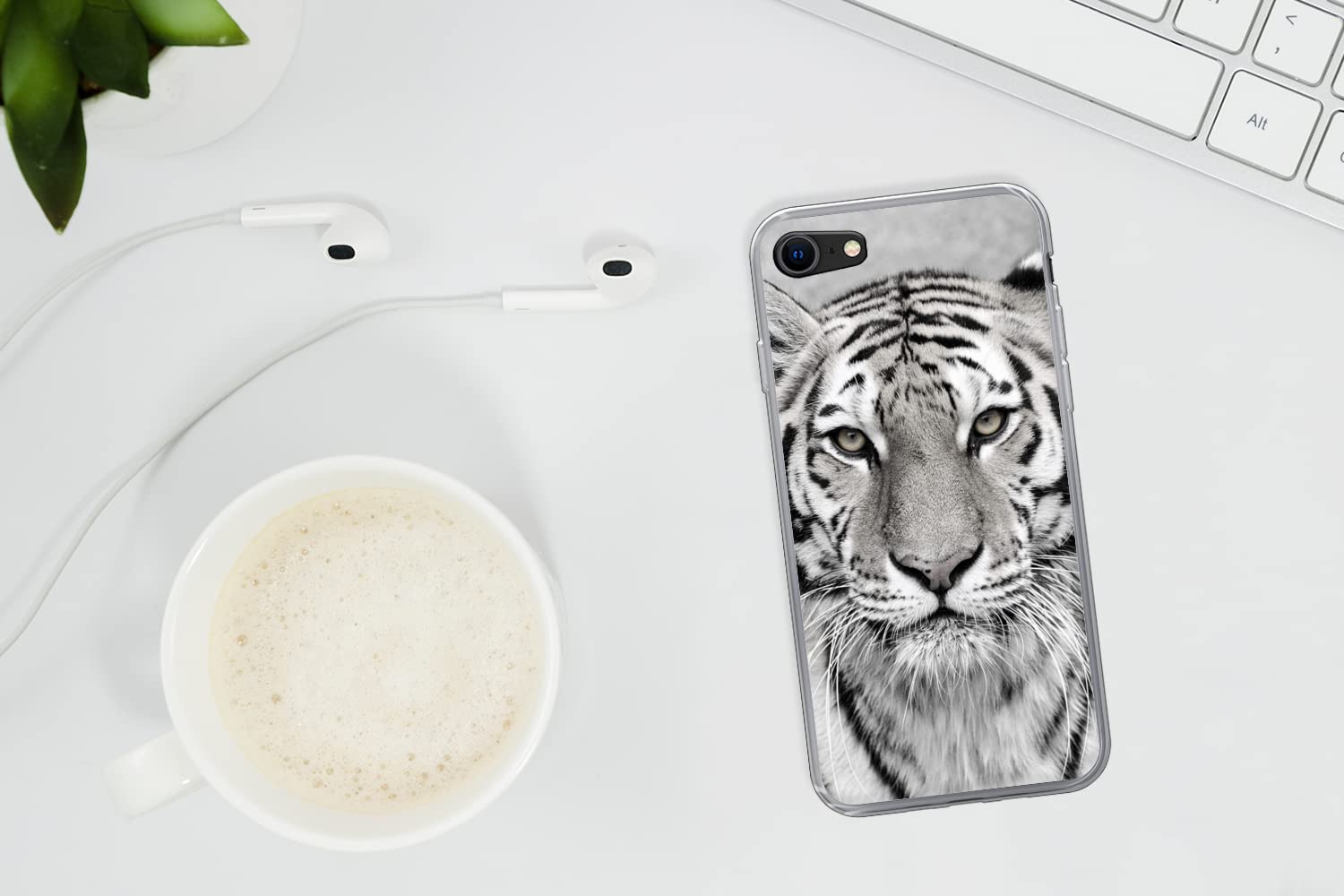 MuchoWow Funda para iPhone SE 2020 - Tigre - Naturaleza - Negro - Blanco - Funda de Silicona/Funda Blanda para teléfono móvil
