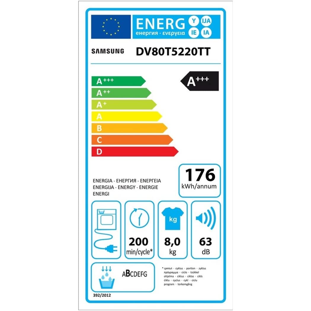 Samsung Asciugatrice Ai Control, DV80T5220TT/S3, 8 Kg, Pompa di Calore, Wifi, Sensore Optimal Dry, Filtro 2 in 1, Carica Frontale, 60l x 85h x 60p cm