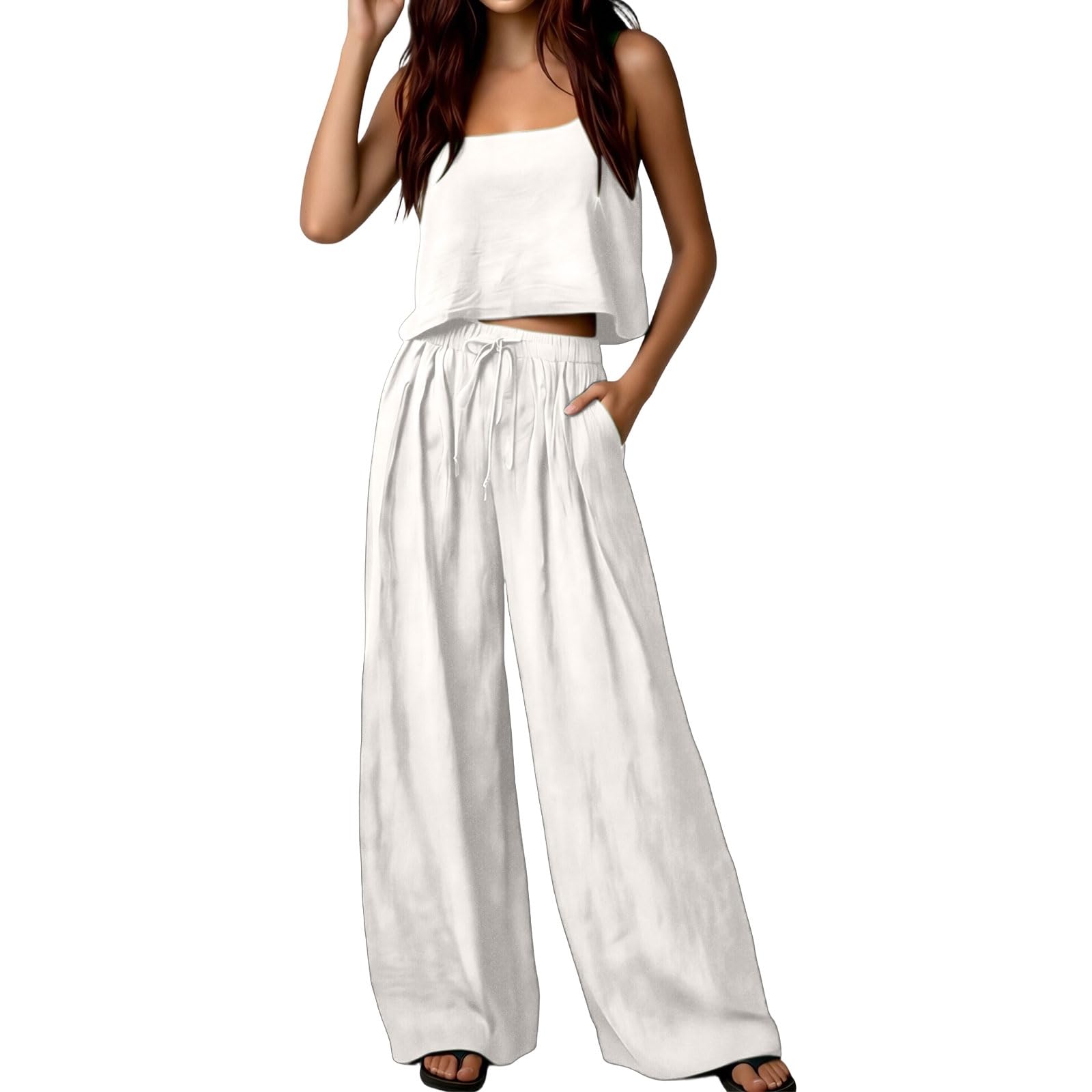 Combinaison 2 pièces en lin respirant pour femme - Fluide - 2 pièces - Léger - Sans manches - Haut et pantalon - Coton et lin - Combinaison de loisirs d'été décontractée