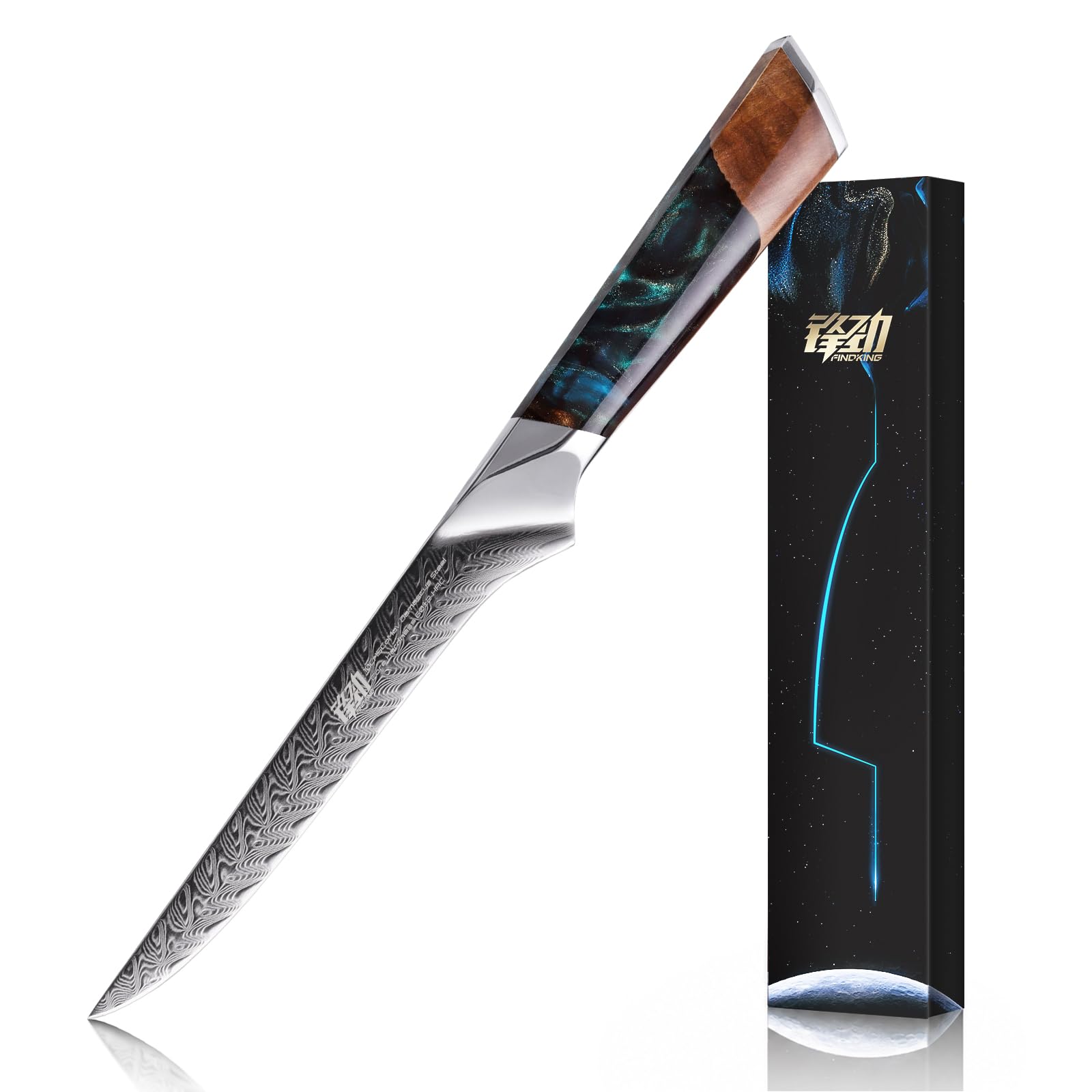 FINDKING Nebula Series Chef Knife with ABS Sheath, Multipurpose Japanese Gyuto Knife, 10Cr15CoMov Damascus Steel Blade, Resin and Figured Sycamore wood Handle, Full Tang, 8 Inch, Blue, for Meat — Amazon image 9