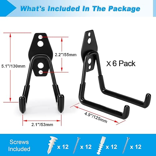 Miniatura 2 de Paquete de 6 ganchos de garaje resistentes, 4.9 pulgadas de acero utilitario para organizar herramientas de césped de jardín, escaleras, manguera de