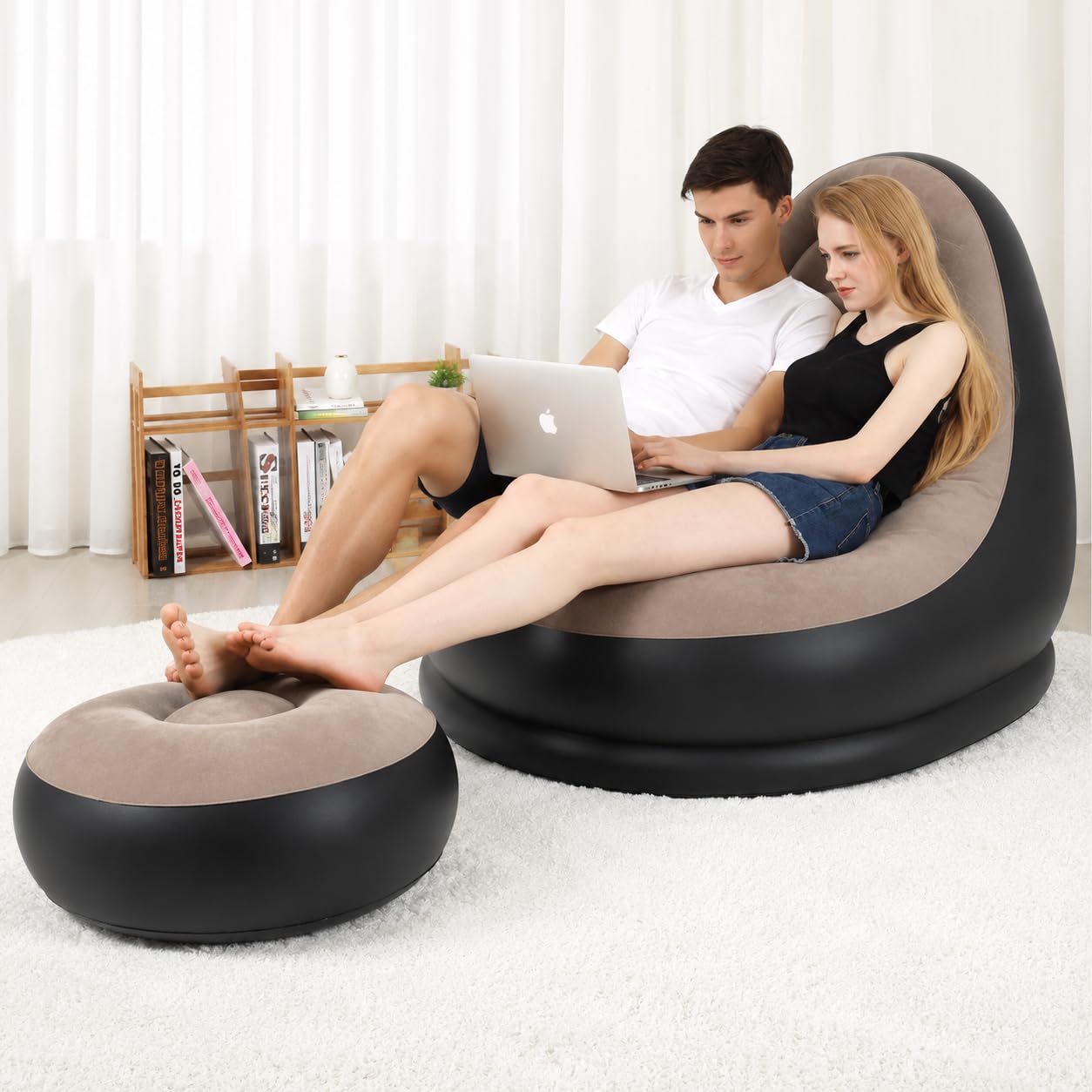 HOUSNIX Inflatable Sofa Chair with Footstool & Air Pump | 1 Seater Portable Couch Lounger for Indoor & Outdoor Use | Living Room, Bedroom, Balcony, Garden Recliner | PVC Material | Multicolor/Brown 2
