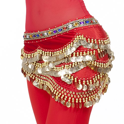 Mutreso Belly Dance Hip Scarf with 328 Gold Coins 150cm Colorful Gem Belt Profession Velvet Performance Skirt Hip Wrap Red