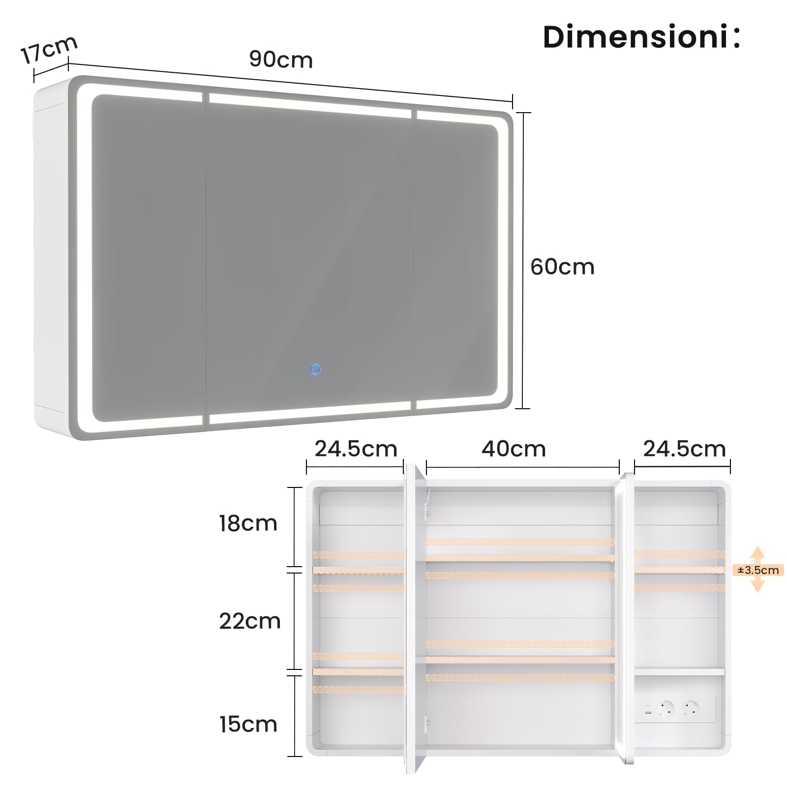 Specchio Bagno Contenitore 90x17x60 cm, Specchiera Bagno, Bianco | Illuminazione a LED a 3 colori, Ripiani Regolabili, Presa Elettrica, Specchio Grande HD Orientabile, Pulsante Touch, 3 Ante