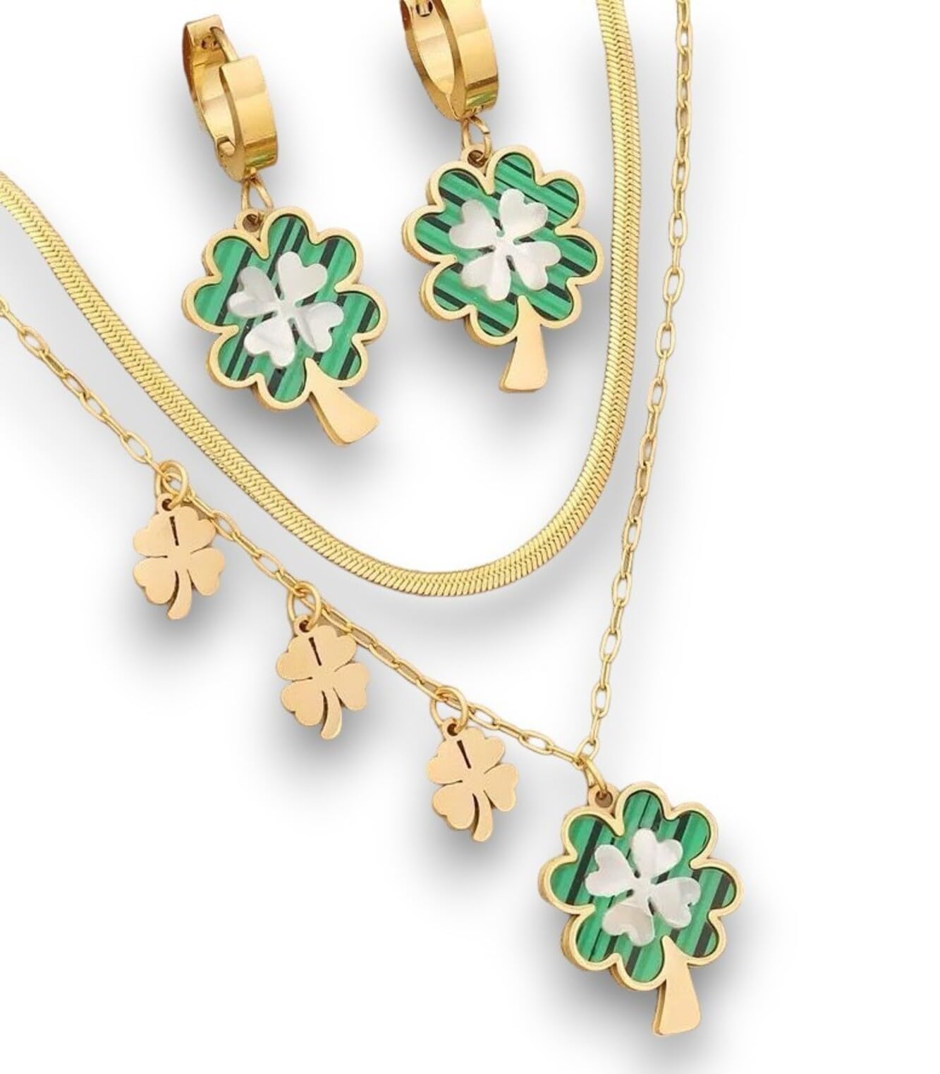 18k Gold-Plated Stainless-Steel Lucky Four-Leaf Clover Necklace and Earrings. Jewelry Set (D)