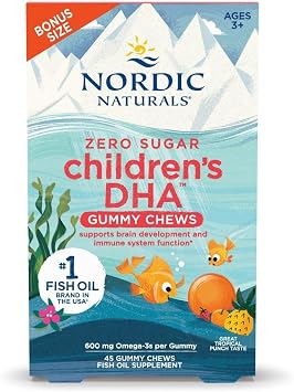 Nordic Naturals Zero Sugar Childrens DHA Gummy Chews, Tropical Punch - 45 Gummy Chews for Kids - 600 mg Total Omega-3s - Brain Development, Learning, Healthy Immunity - Non-GMO - 45 Servings