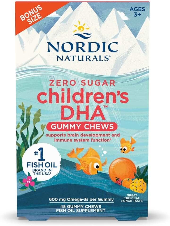 Nordic Naturals Zero Sugar 孩童’s DHA Gummy Chews, Tropical Punch - 45 Gummy Chews 適用於 孩童 - 600 mg Total Omega-3s - Brain 發展, 學習, Healthy Immunity - 非基因改造 - 45 Servings