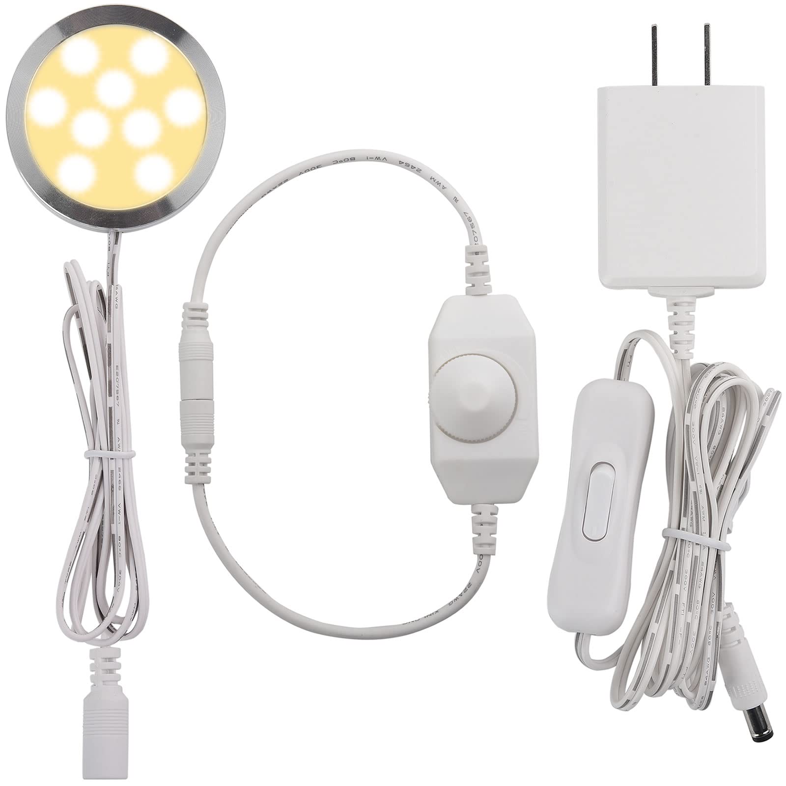 Under Cabinet LED Puck Lighting, Single Light for Hutch Bookcase Display Shelf Lighting, Rotary Dimmer Switch, 120VAC Plug in, White Cord, Warm White
