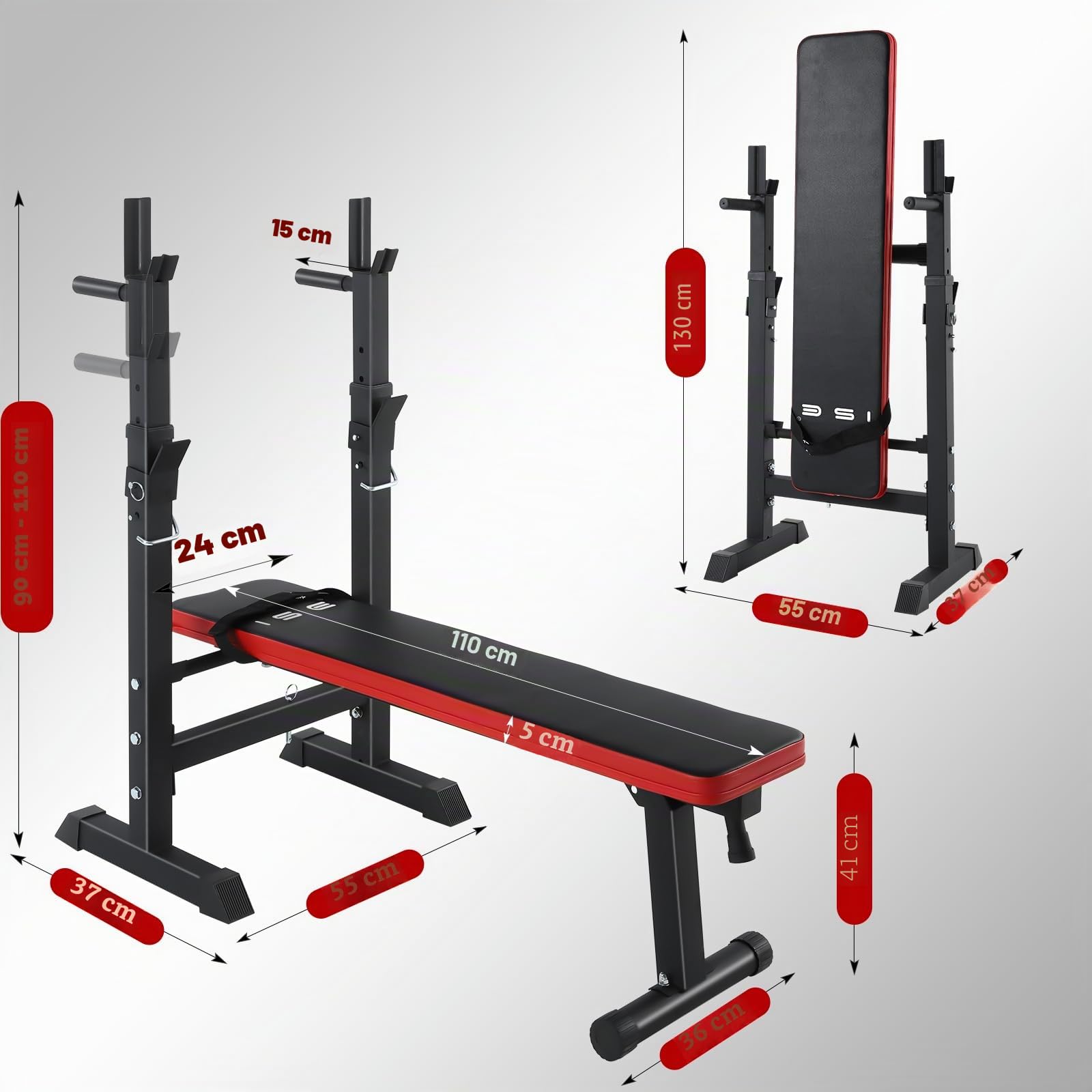 ISE Banc de Musculation Pliable, Banc Musculation Complet Réglable avec Support de Barres pour Haltère et Station à Dips, Bancs de Musculation Réglables, Rack Musculation Homme Sport Maison