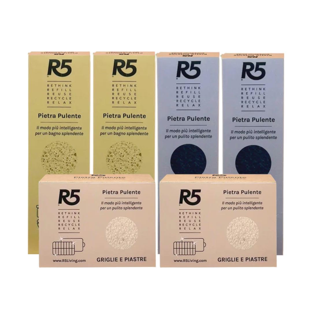 R5, Multipack Pietre Pulenti in Vetro Riciclato, Kit Pulizia Casa Completo, 1 x Superfici Dure, 1 x WC e Sanitari, 1 x Griglie, Piastre, Padelle e Utensili, Eco-Sostenibile, Made in Italy