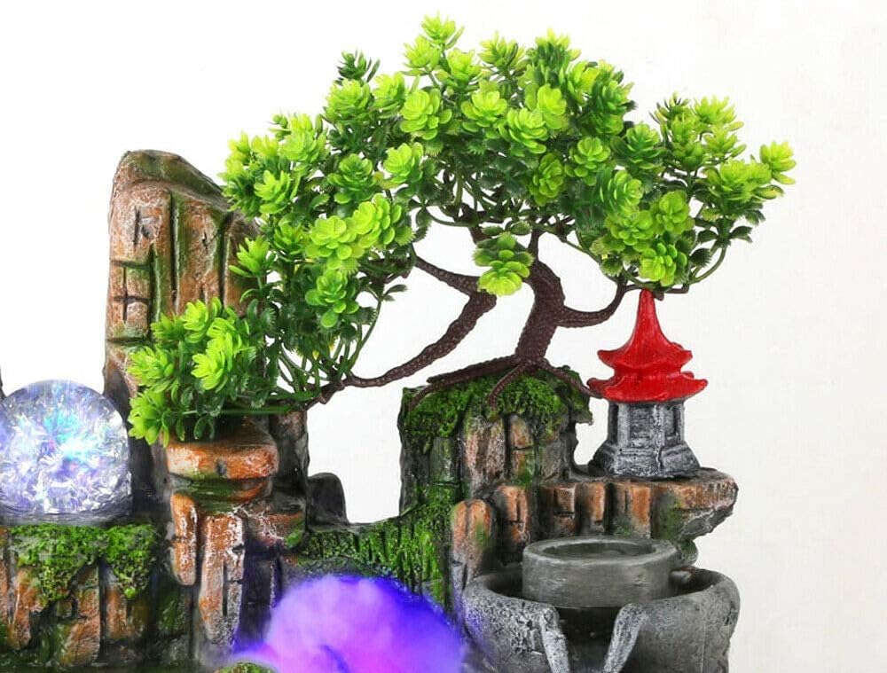 Fontaine d'intérieur avec éclairage LED - Plante verte - Fontaine de jardin Fengshui - Lampe chinoise