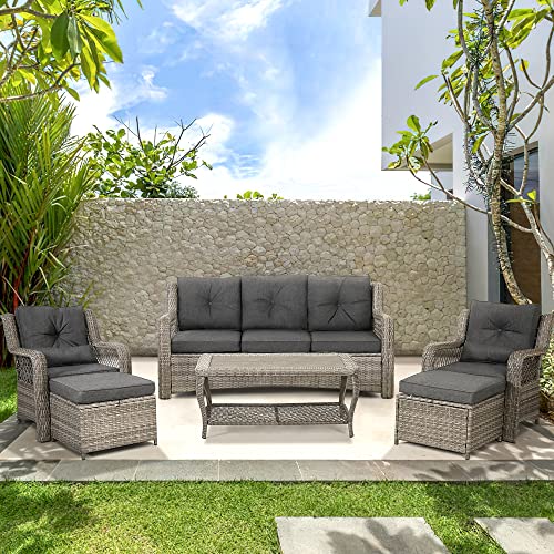 HOMREST 6 Pieces Patio Furniture Set, Wicker Outdoor Patio Conversation Sets, Sectional Rattan Sofa Chairs with Coffee Table, High Back, Ottoman, Cushions for Porch, Deck, Garden, Backyard (Grey)