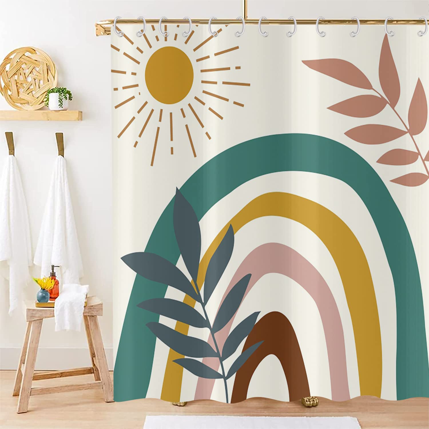 Hnmdmyi Boho Shower Curtain 180x220, Mid Century Abstract Leaf Sun Rainbow Beige Bathroom Curtains Modern Minimalist Geometric Aesthetic Art Waterproof Polyester Fabric Washable Bath Curtains — image 1