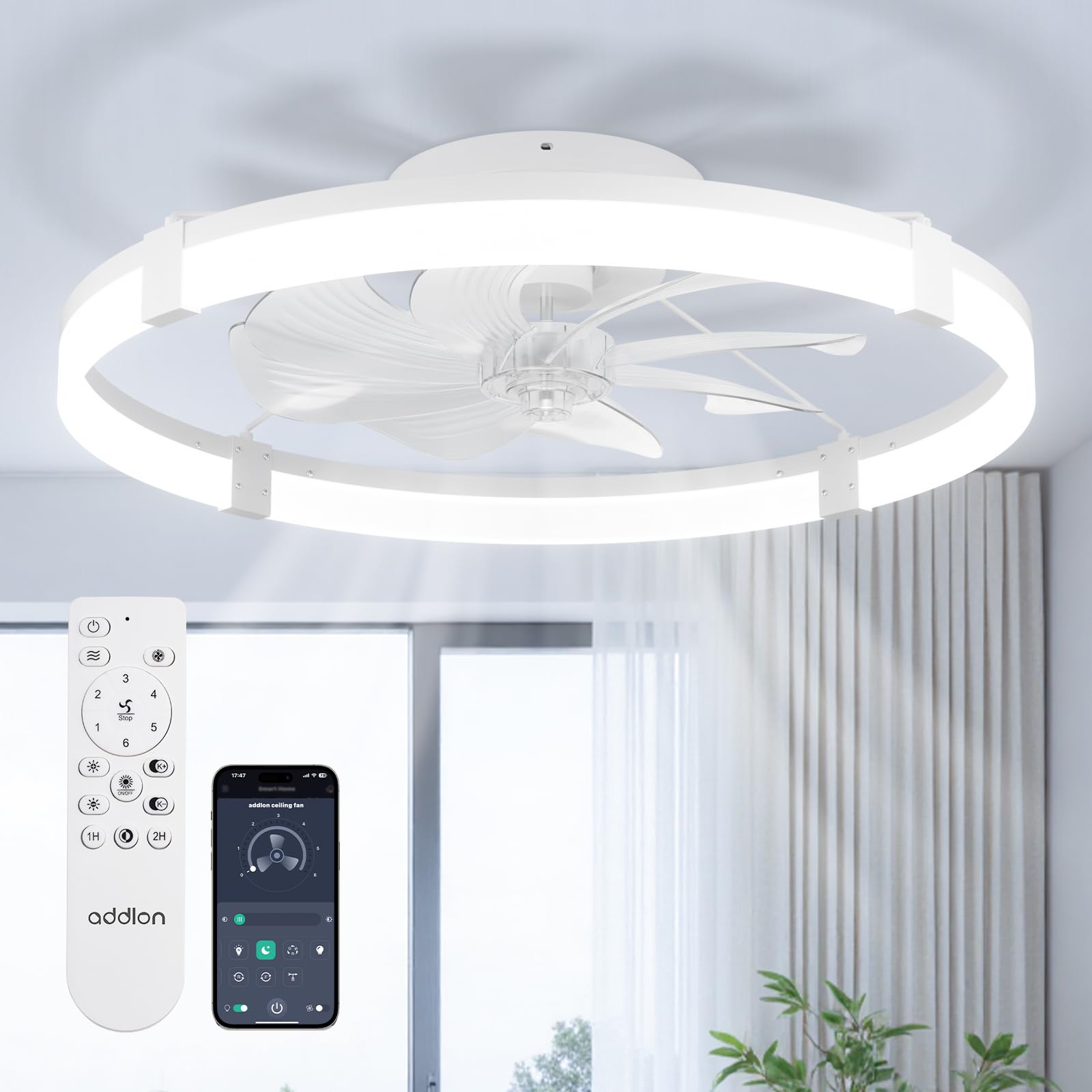 addlon Ceiling Fans with Lights and Remote, 24'' Low Profile Ceiling Fans, 3000-6000K Dimmable Modern Flush Mount LED Fan Light, Fandelier Ceiling Fan for Bedroom, Kitchen, Living Room, White