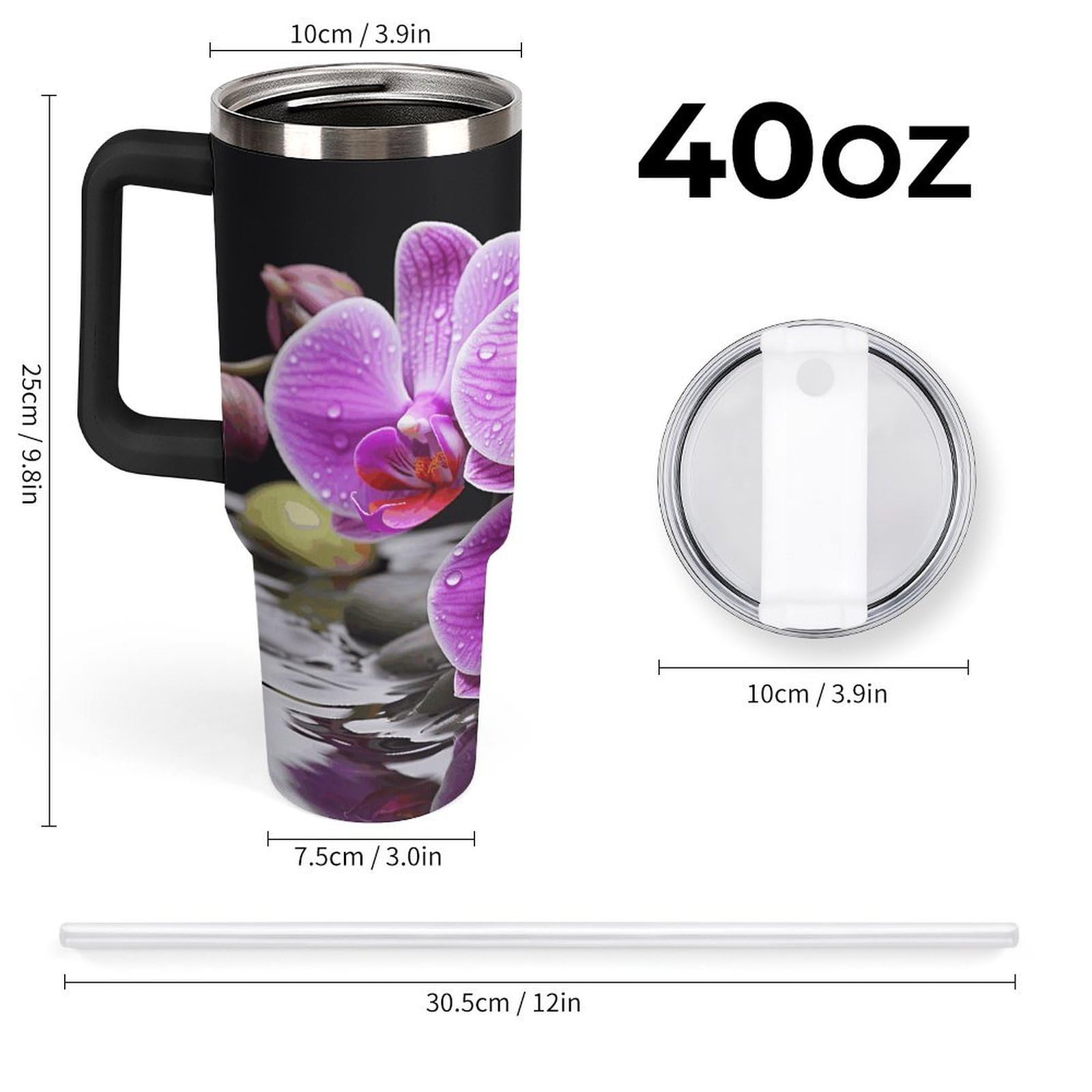 Violette Orchideen-Becher mit Strohhalm und Griff, doppelwandige Vakuumisolierung, Wasserflaschen für Eiskaffee, Tee, heiße und kalte Getränke