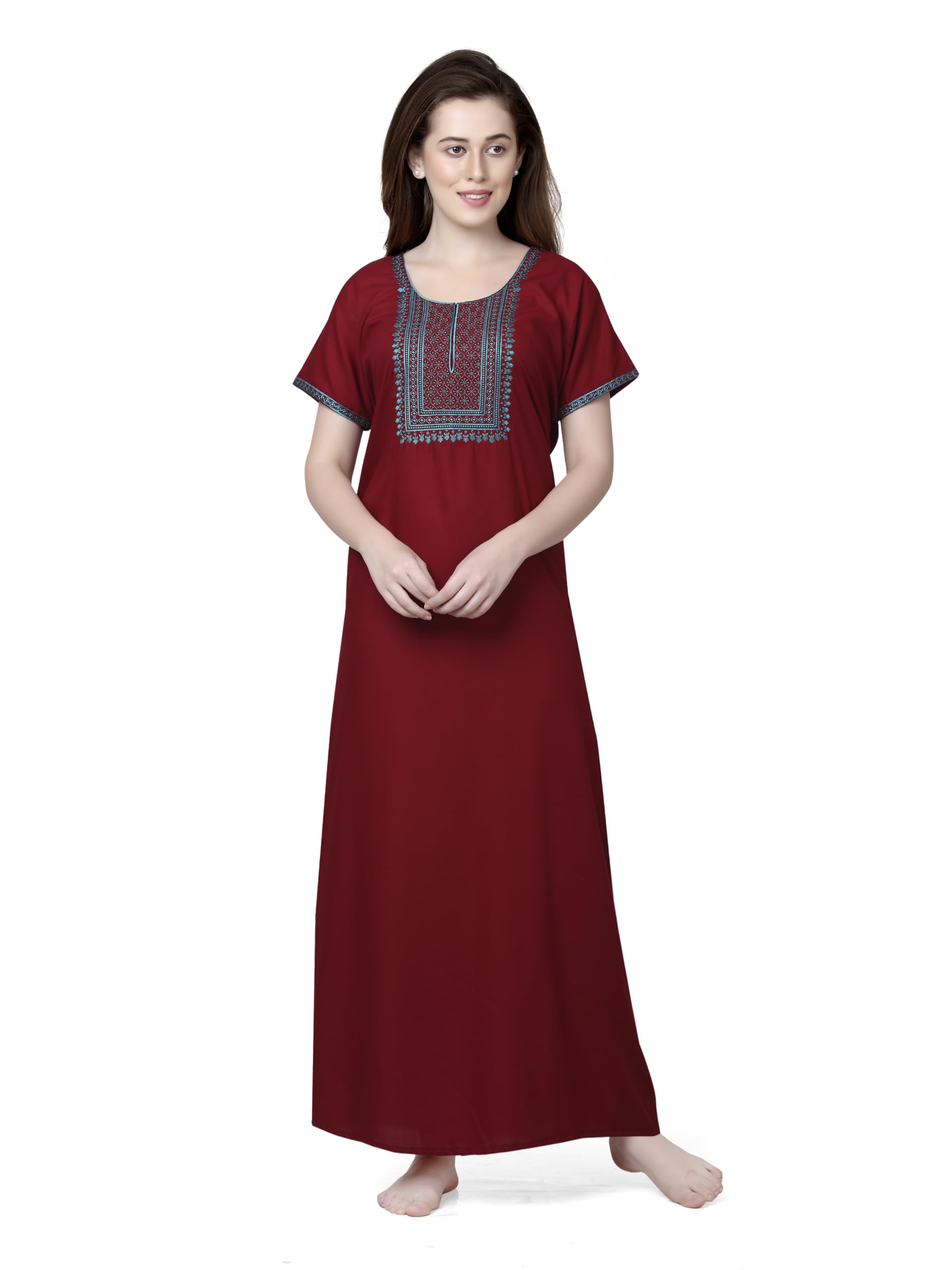 Cotton Blend Long Nighty Short Sleeves Embroidered Night Gown for Women Maroon-image-41