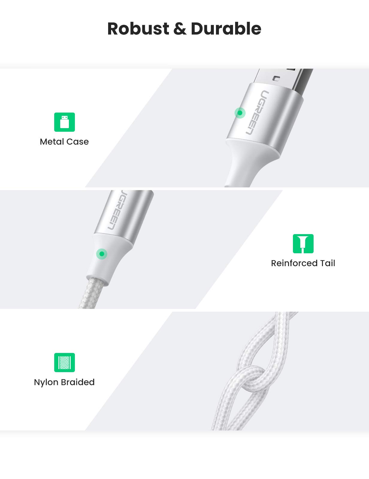 Ugreen Örgülü USB Type-C Şarj ve Data Kablosu, Beyaz, 2 Metre