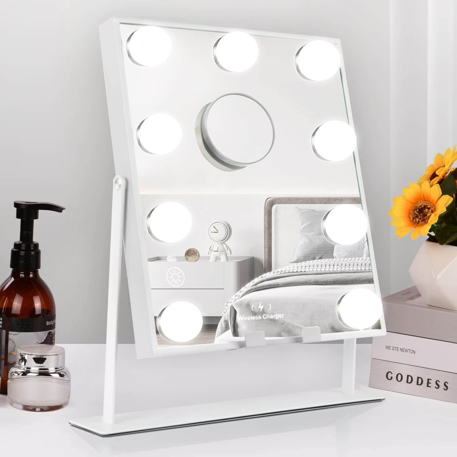 OSDUE Espejo de Maquillaje Hollywood (30.5X36X6cm) 9 Luces LED y Lupa 10x, Modo Táctil Inteligente Tricolor, Regulable, Carga Inalámbrica para Móviles, Espejo de Maquillaje Profesional