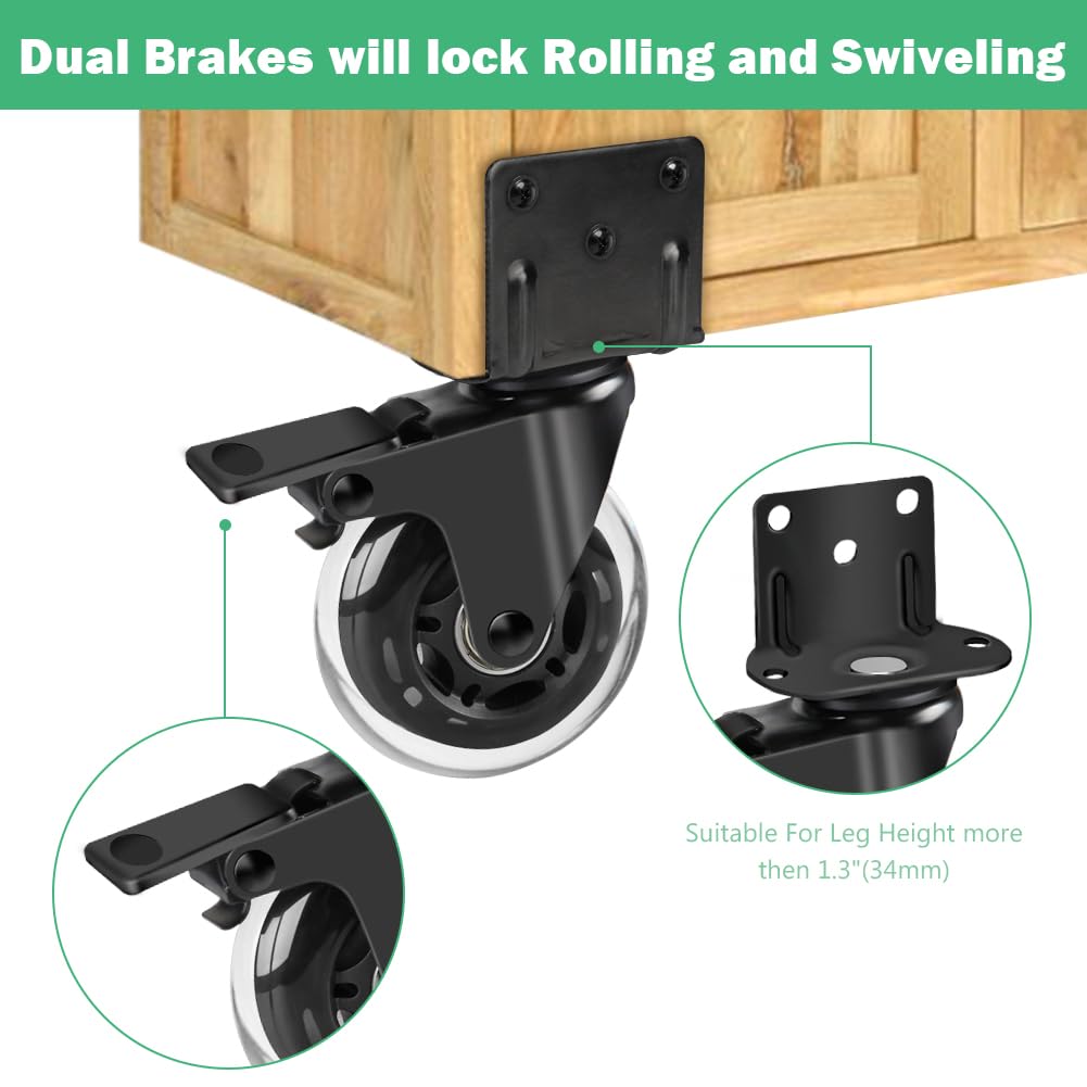 8T8 3" Side Mount Caster Wheels Heavy Duty Set of 4, L Shaped Plate Swivel Casters with Brakes, Silence Rubber Wheels for Furniture, Kitchen Cabinet, Baby Bed, Table, Loading Capacity 600 Lbs