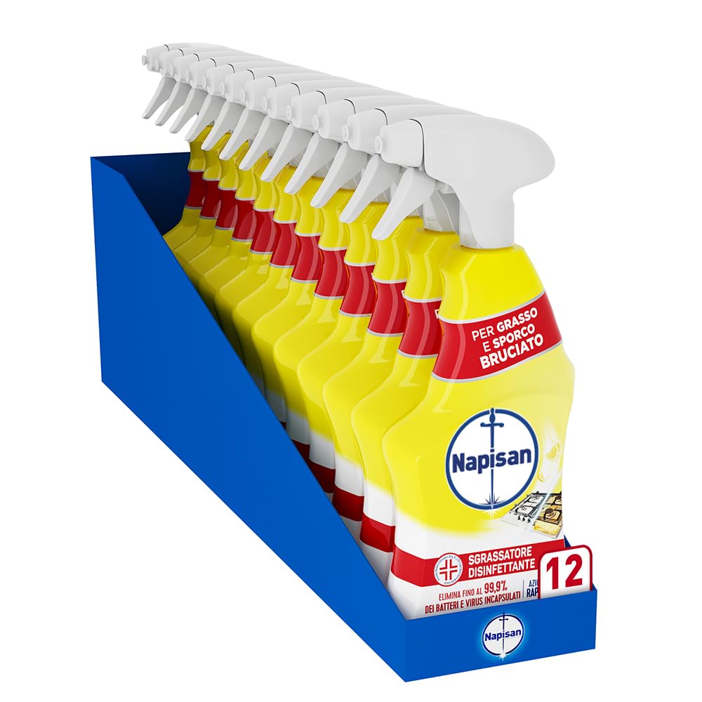 Napisan Spray Sgrassatore Disinfettante al Limone, Confezione da 12 pz da 740 ml di Sgrassatore Disinfettante, Spray da 740 ml