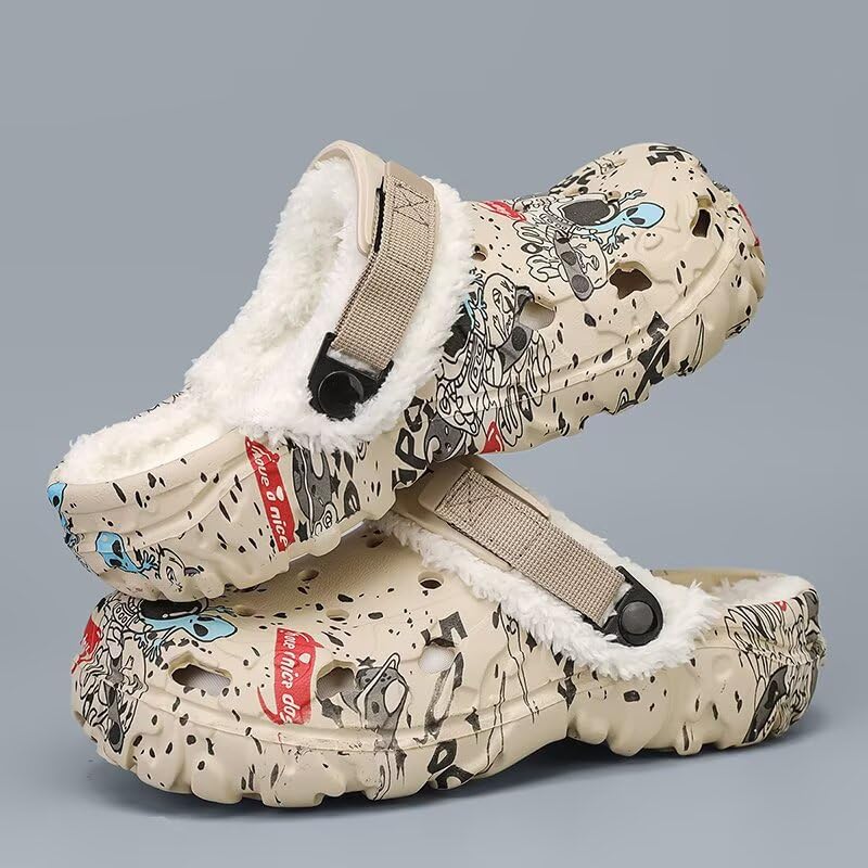Image of Men's Printed Fuzzy Lined Clogs Winter Slip On Shoes | Warm Plush Lined Clog Shoes with Graphic Design, Lightweight Closed Toe Casual Footwear for Indoor Outdoor Wear