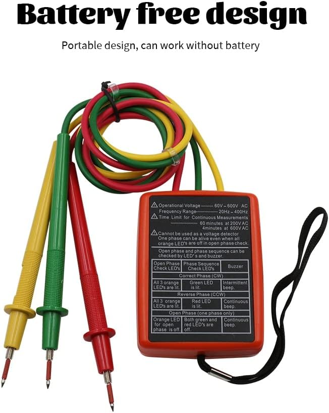 Back of the Jyving SM852B tester showing operational voltage, frequency, continuous use limits, and a table for LED and buzzer indications.