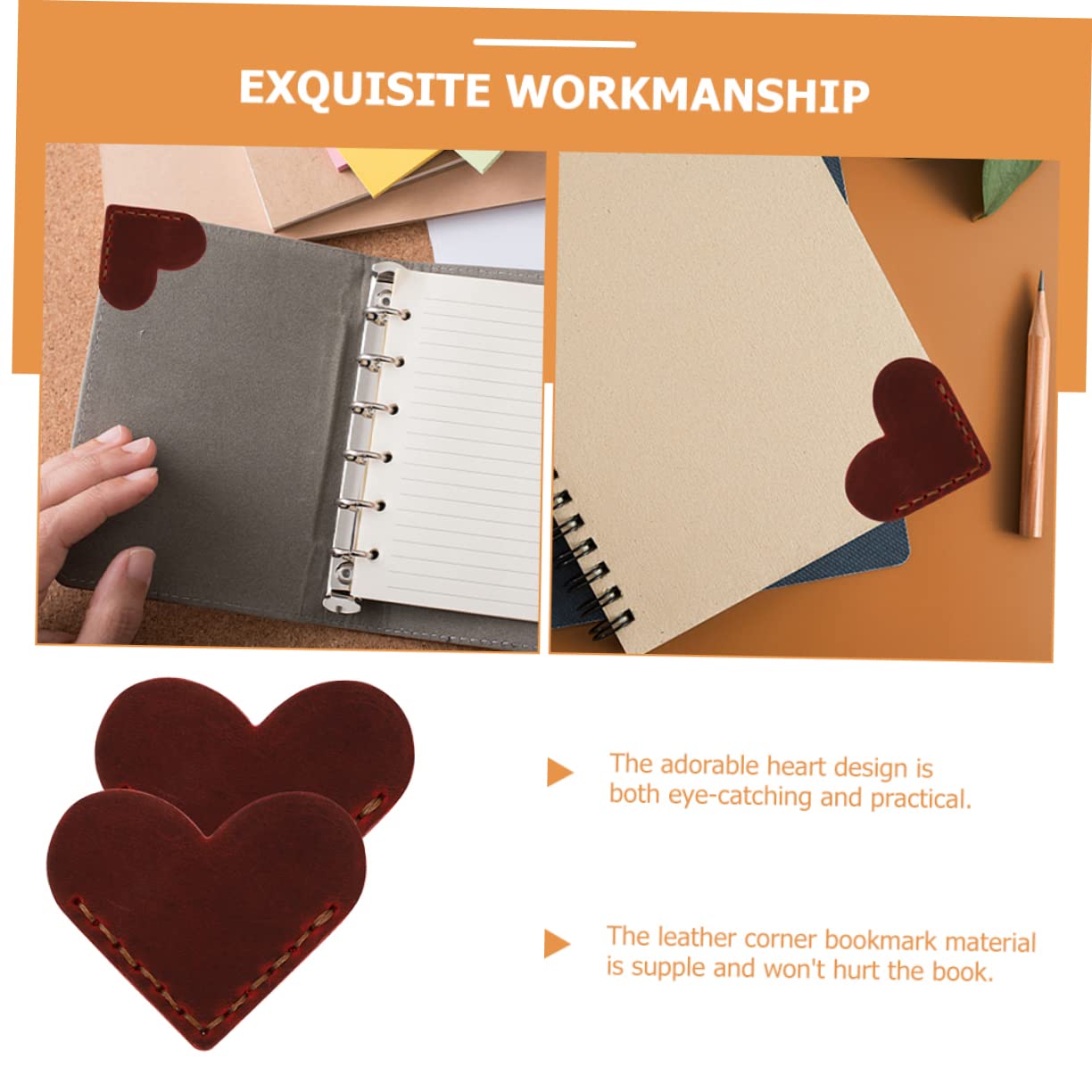 Ciieeo Lot De 5 Marque-pages En Cuir Artisanal En Forme De Cœur Accessoires Pour Livres D'angle De Page 2 Pièces X 5