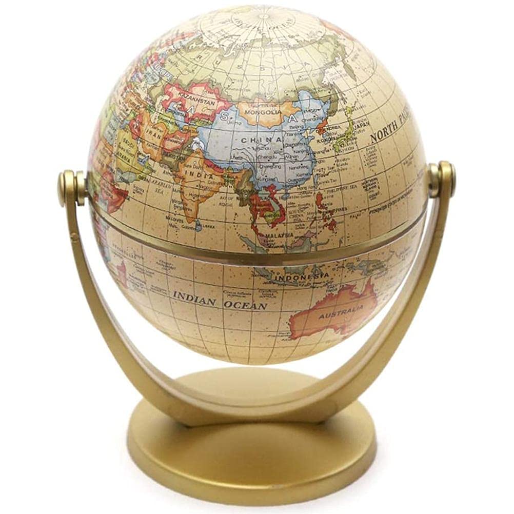 World Globe Educational Political Map,Political Map Rotating Globe,Mini Vintage Globe World Map English Edition Desktop Rotating Earth Globe with Base Geography Classroom Home Office Decoration