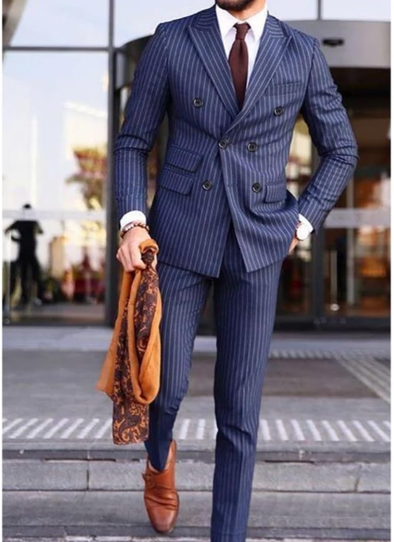 Men's 2-Piece Stripe Suit Pants Set Double Breasted Buttons Peak Lapel Jacket Casual for Tuxedos Business