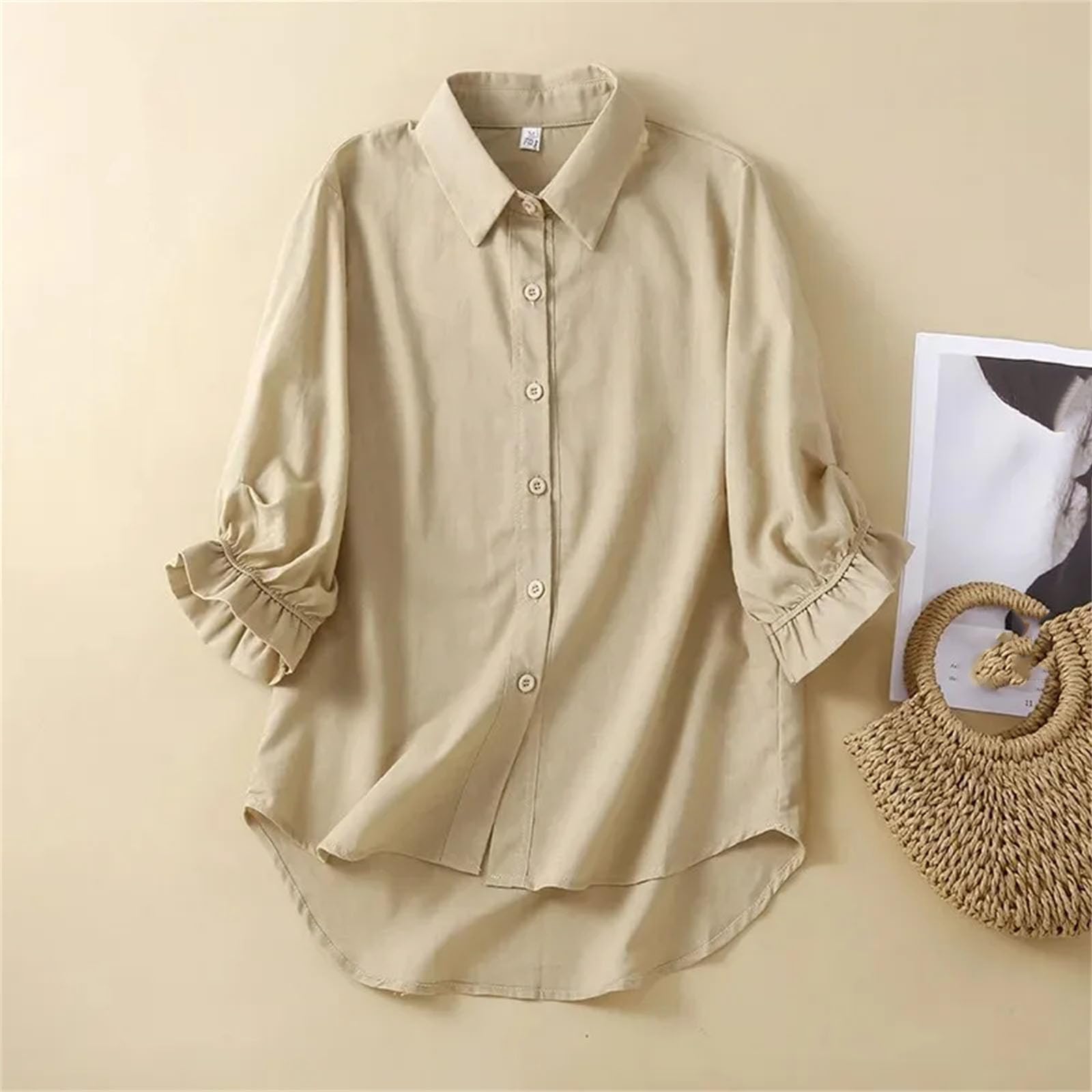 Camisa casual de manga larga para mujer, talla grande, estilo de algodón y lino, de un solo botonadura