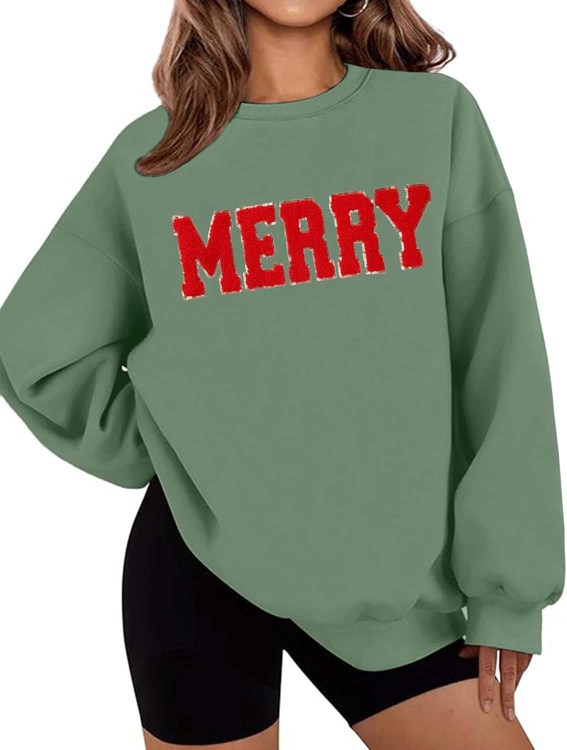 LETSEE Merry Sweatshirts for Women Christmas Chenille Patch Sequin Crewneck Sweaters Fleece Xmas Holiday Top