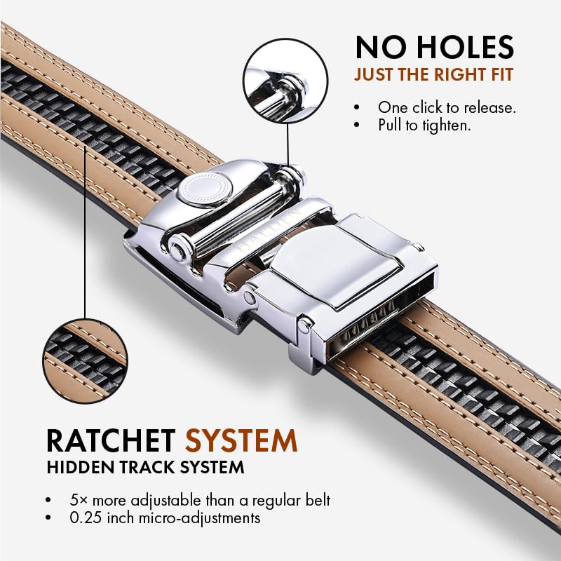 Image of HALDEN BURLEY Men's Brown Ratchet Belt | Auto-Lock Leather Formal Belt with Magnetic Buckle | Adjustable Free Size Fits Up to 44 Inch Waist
