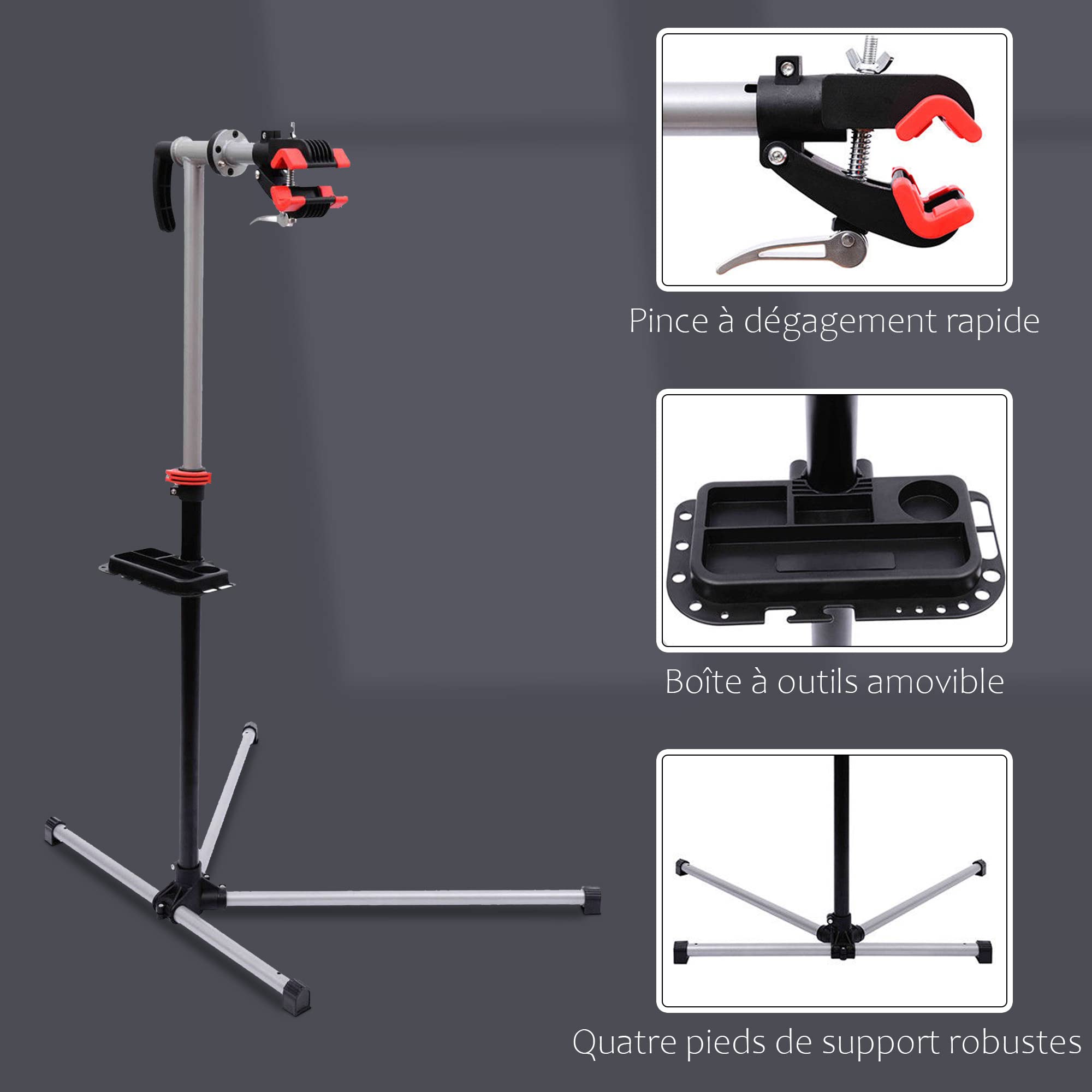 HOMCOM Pied d'Atelier Vélo Support de Réparation Professionnel, Charge 30kg pour VTT - Stand de Montage Pliable avec Plateau à Outils - Hauteur Réglable 180cm et Pince Rotative 360, Gris Noir