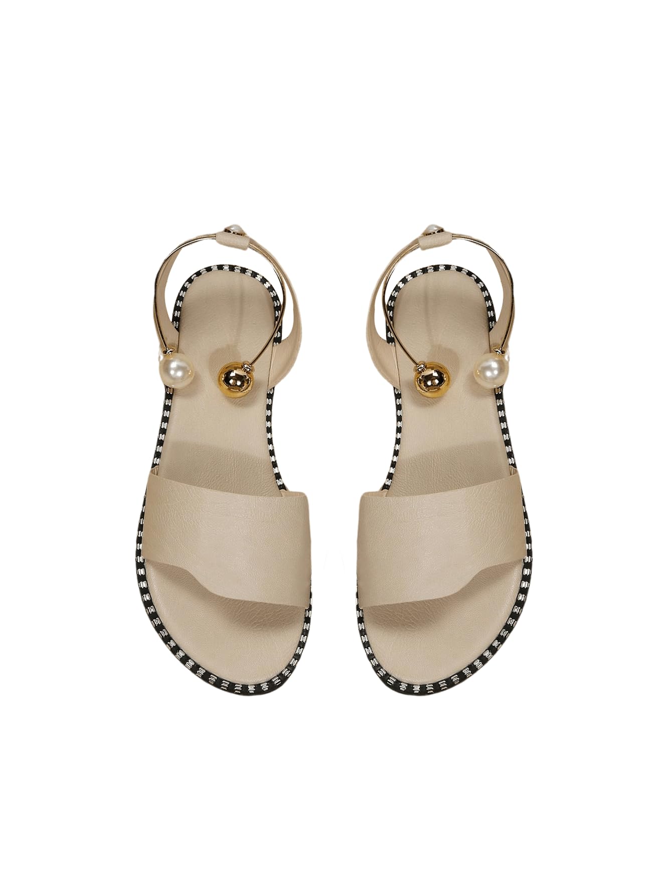 Women's Pearl Decor Clear Straps Open Toe Flat Sandals Leather Outdoor Beach Sandals